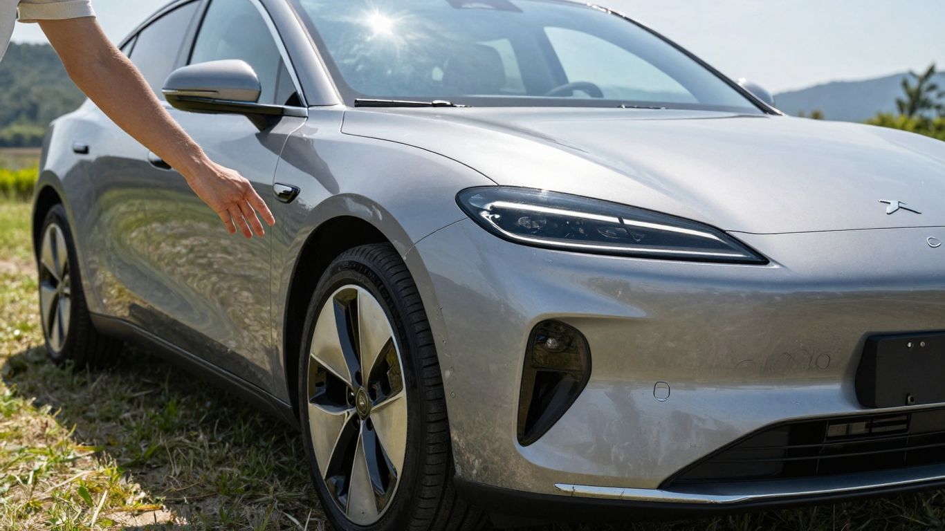 Voiture électrique neuve et personne touchant la carrosserie.