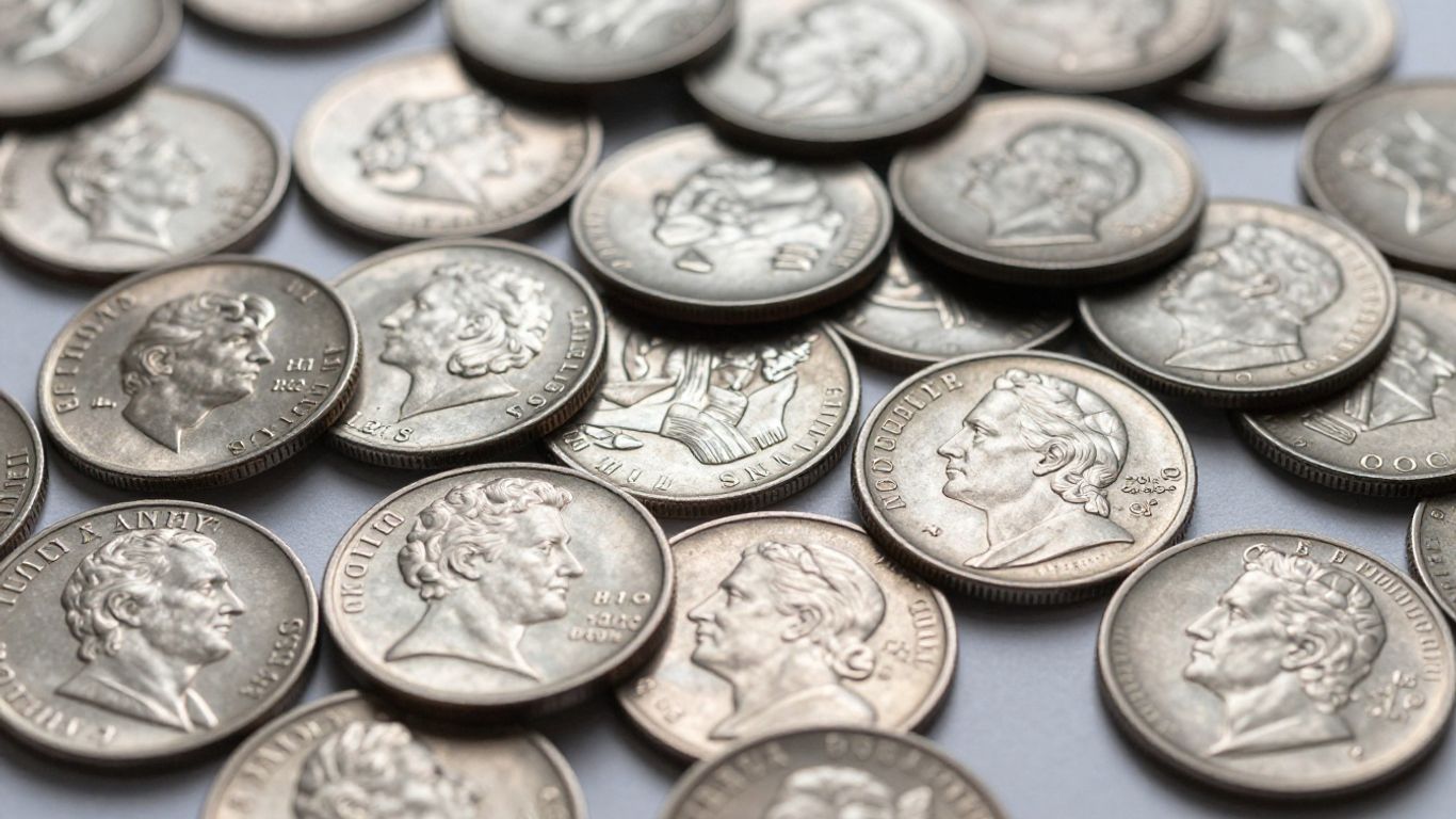 Constitutional silver coins scattered on a surface.