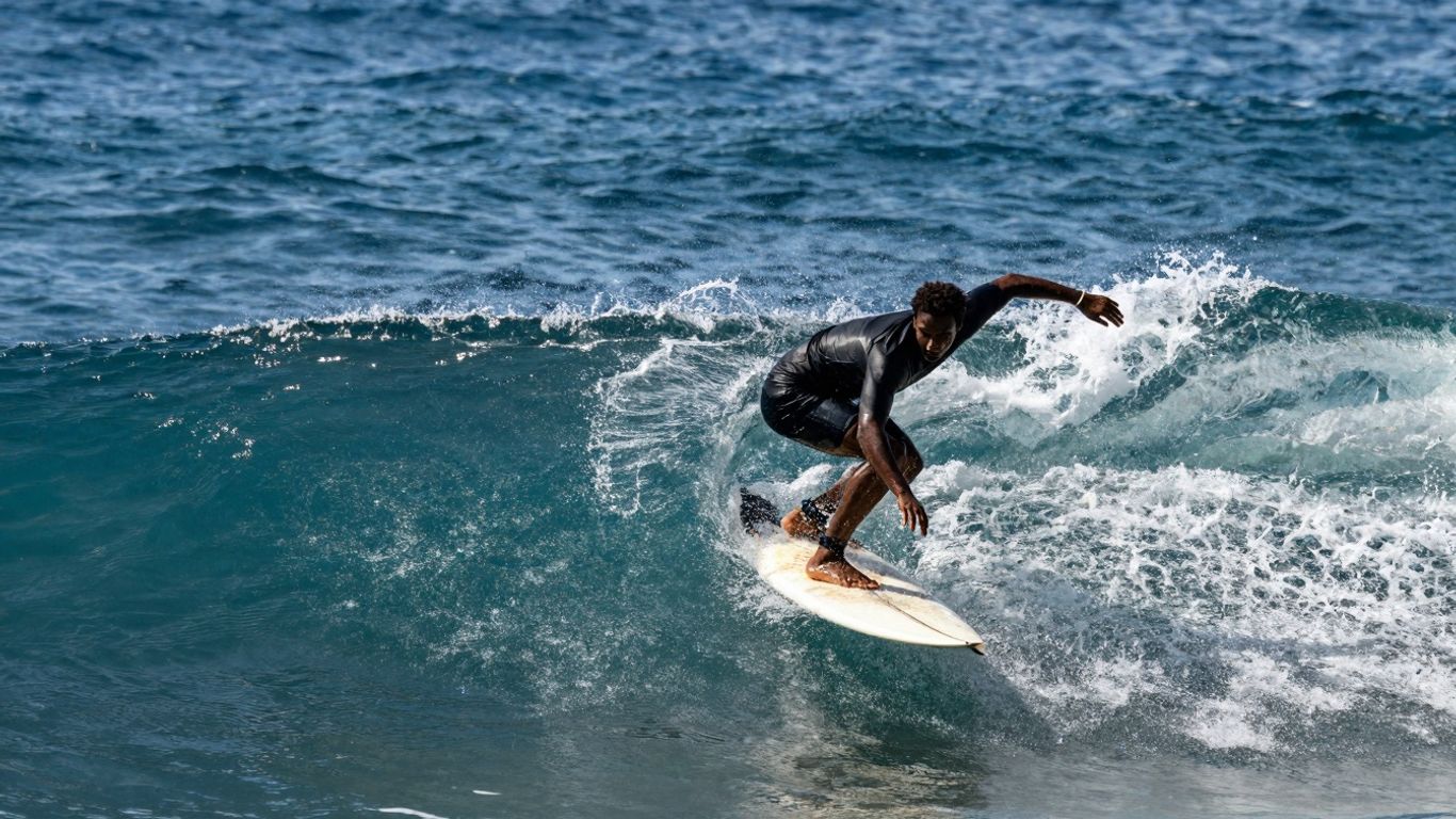 Surfer macht einen geschmeidigen Carve auf einer Welle.