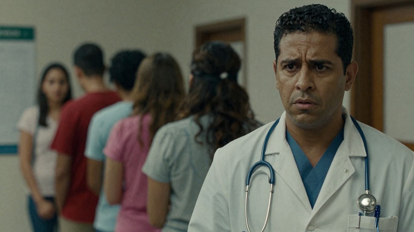 Doctor preocupat în fața unei cozi de pacienți.