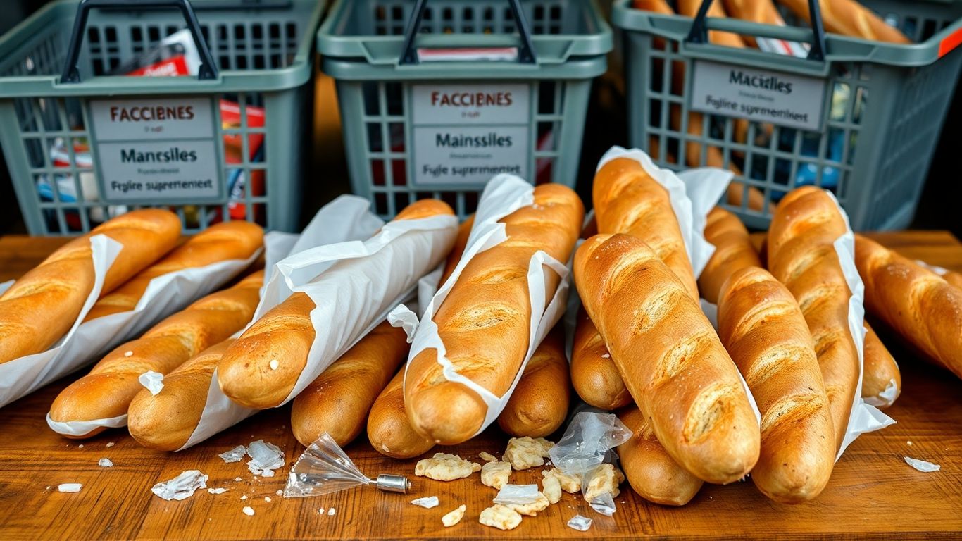 Baguettes retirées avec verre, métal, plastique, paniers supermarché