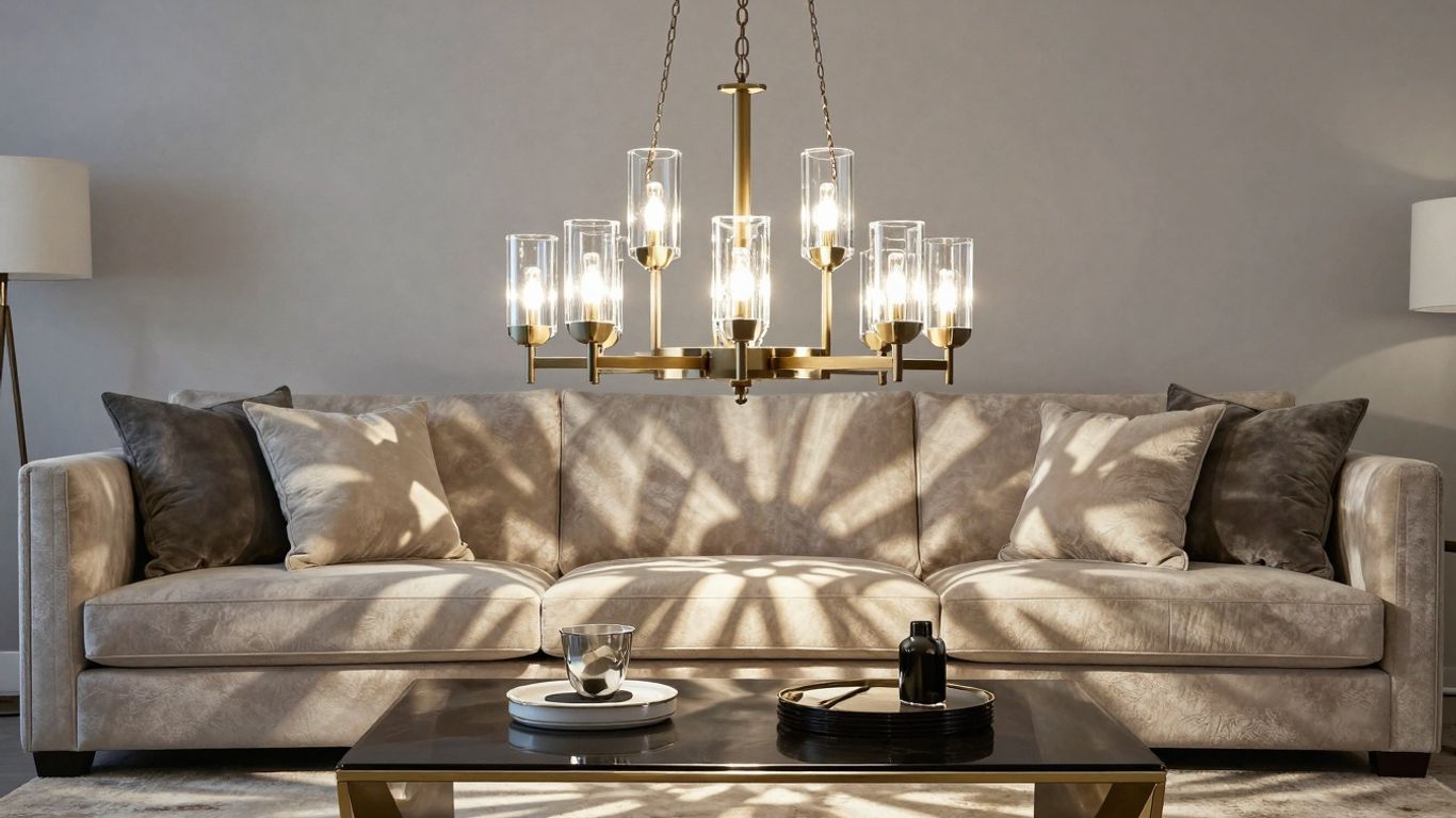 Modern chandelier illuminating a stylish living room.