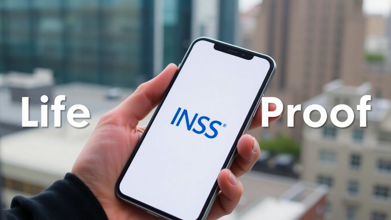 Celular com logo INSS e fundo de cidade