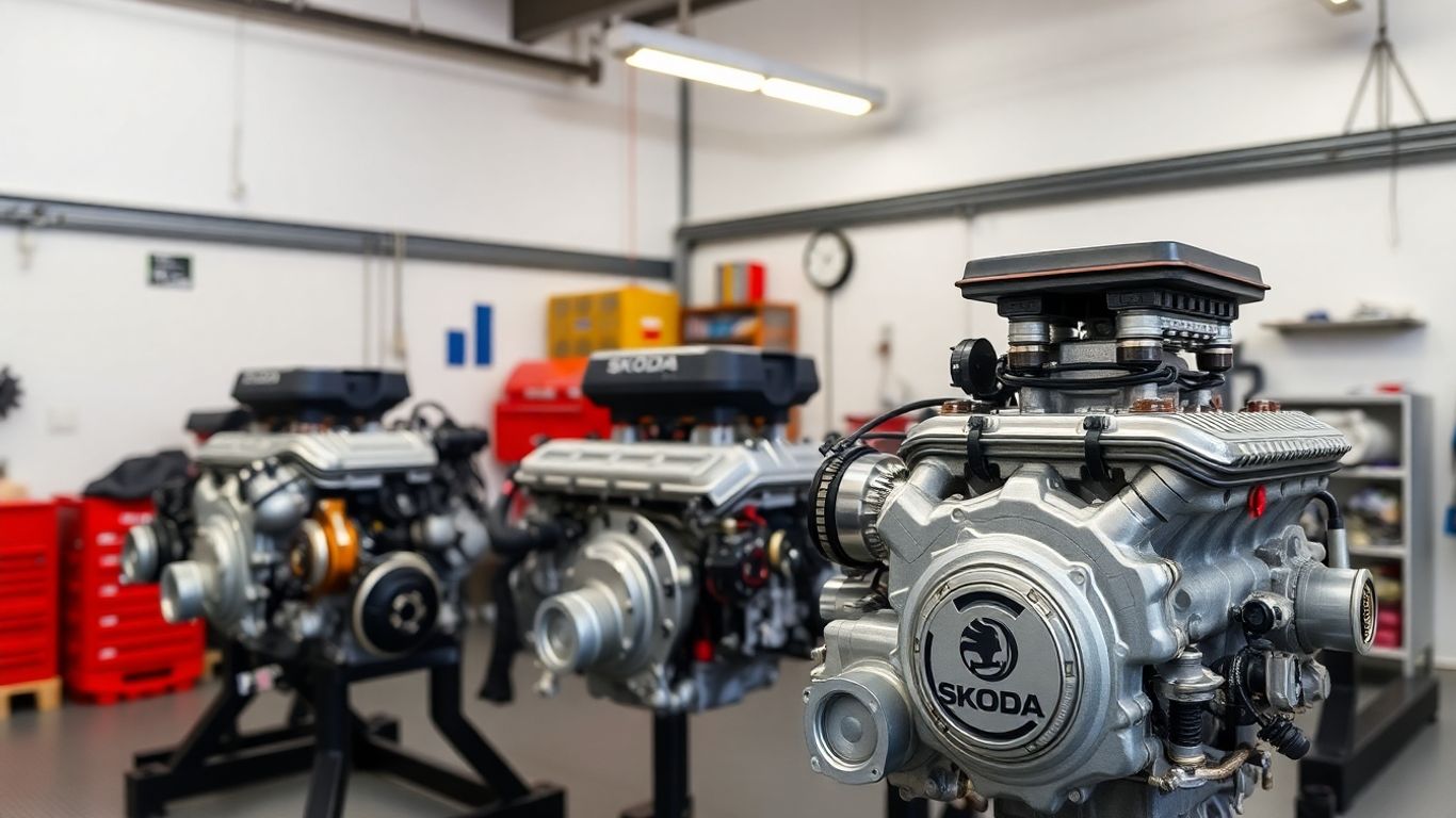 Various Skoda engines displayed in a garage.