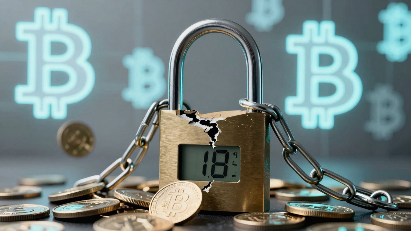 Broken digital lock with falling Bitcoin symbols.