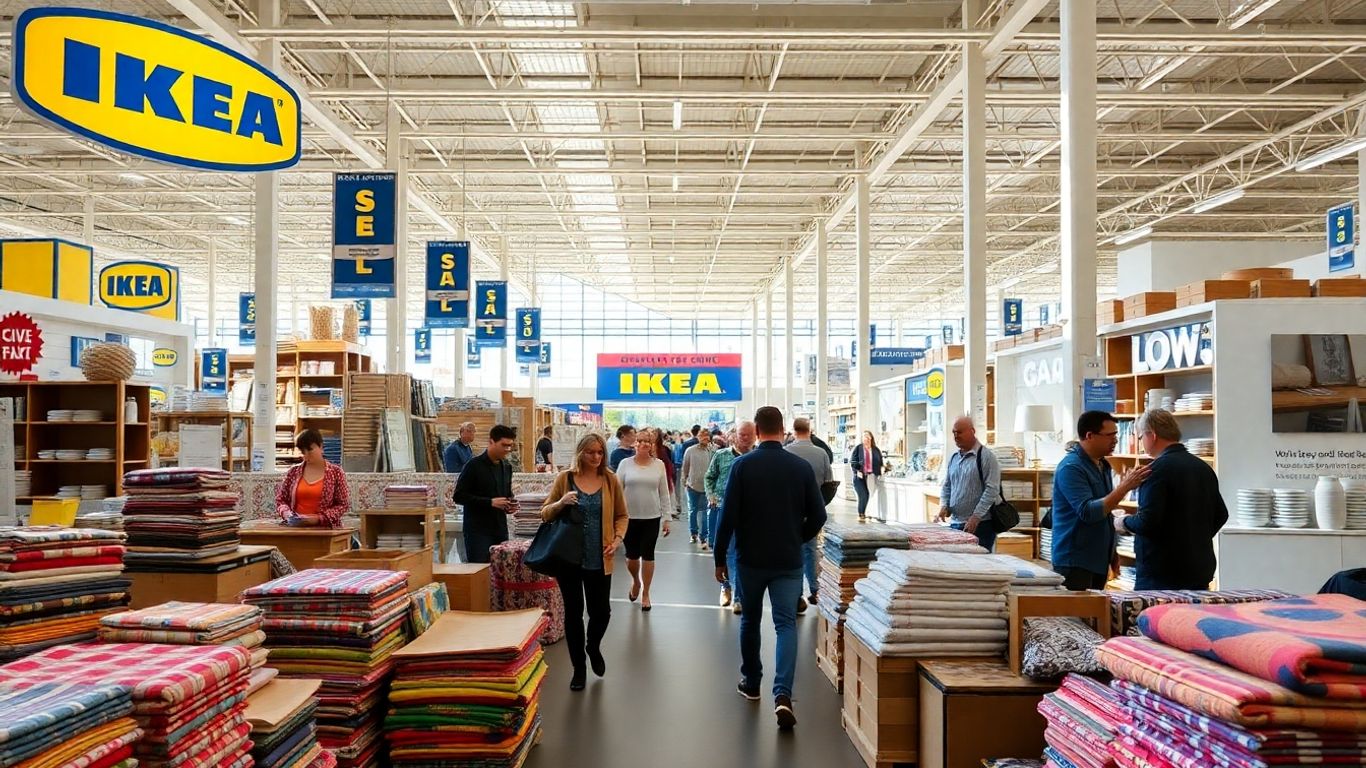 Intérieur d'un magasin IKEA avec des clients pendant les soldes.