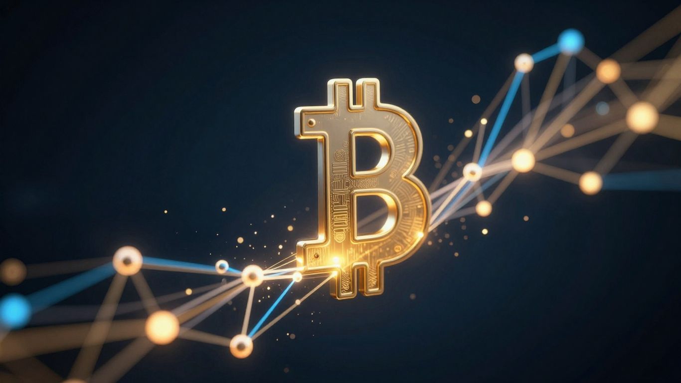 Digital currency flowing through interconnected nodes.