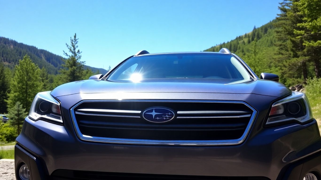 Subaru Outback in scenic mountain landscape, ready for adventure.