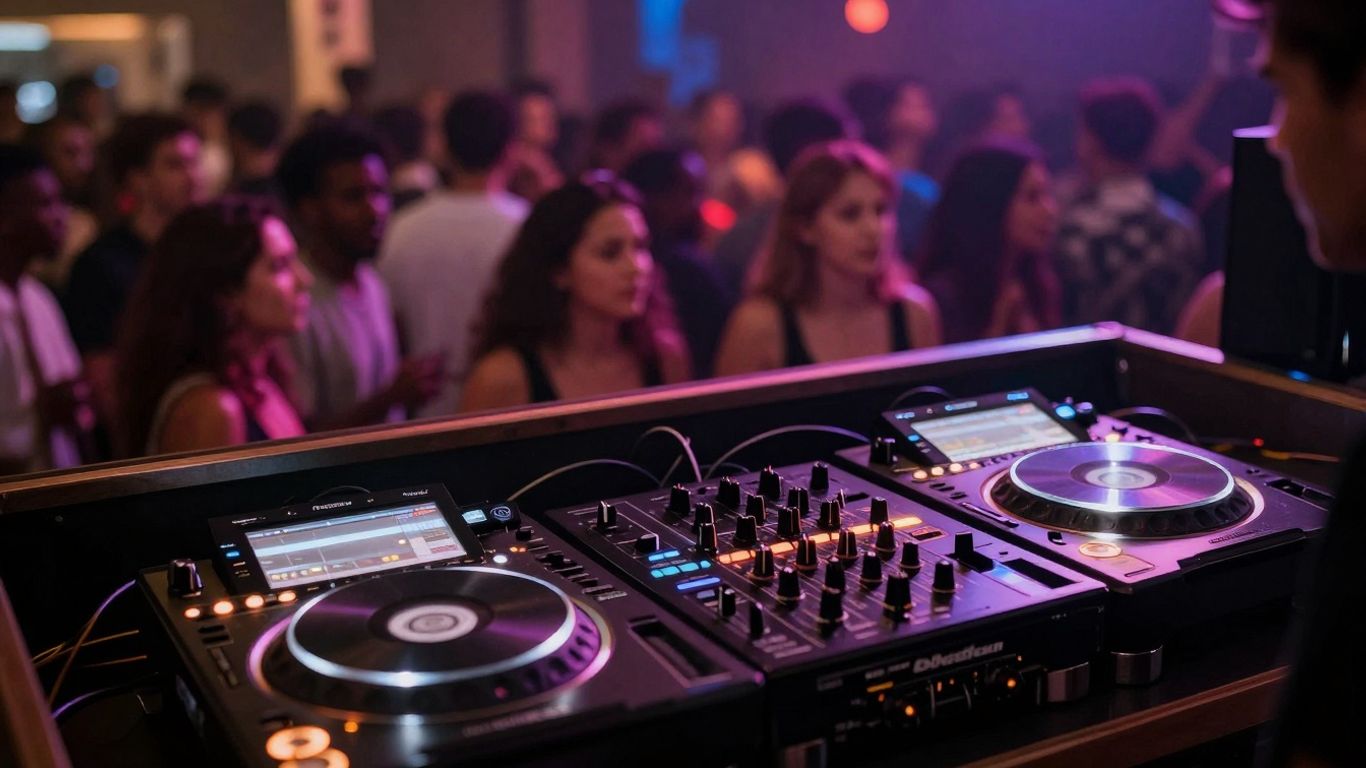 DJ equipment at a lively event with a blurred crowd.