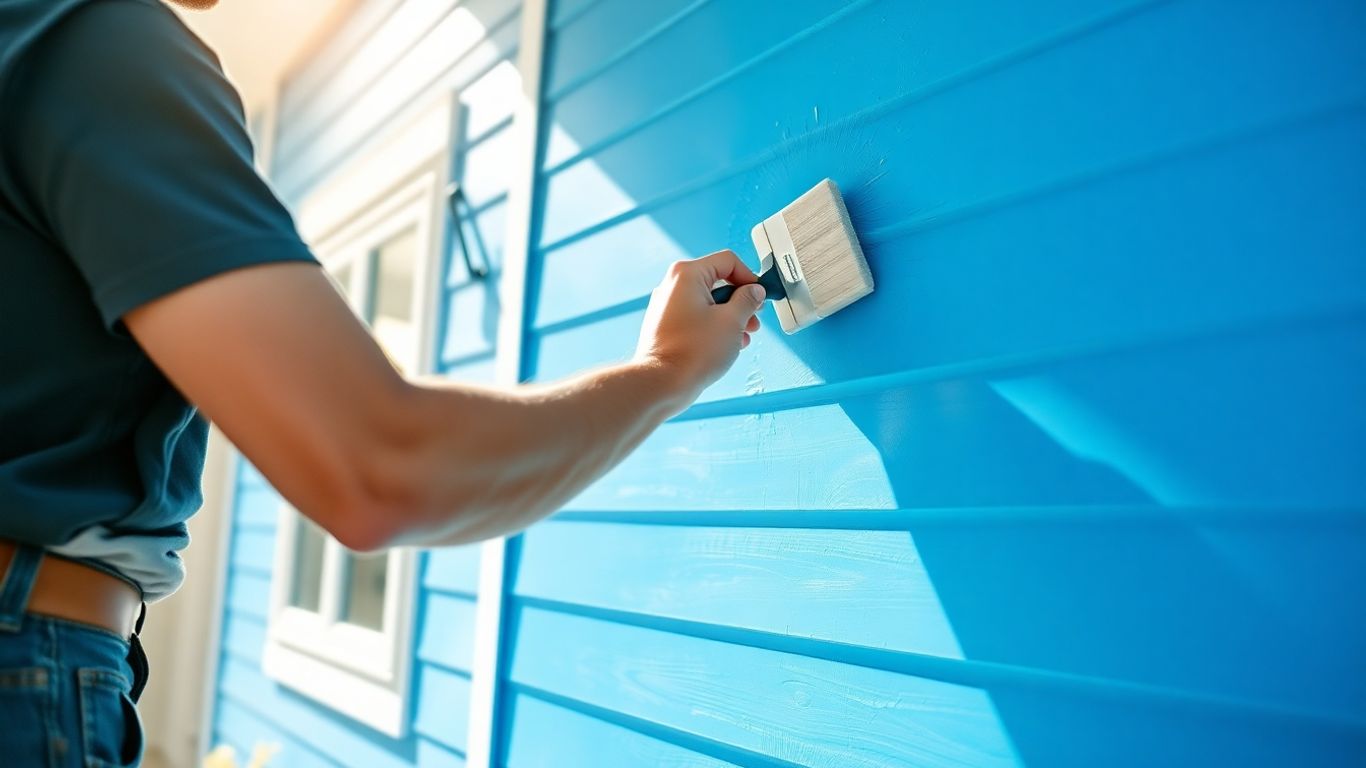 Painter applying blue paint to house exterior.