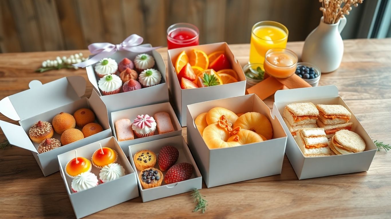 ชุดของว่างบรรจุกล่องหรูพร้อมขนมและผลไม้บนโต๊ะ