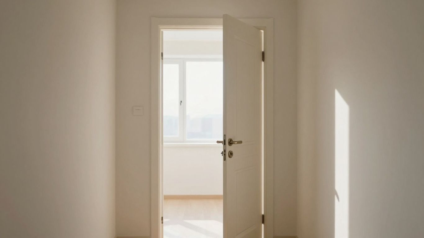 Ușă deschisă spre o cameră luminoasă, simbolizând accesul.