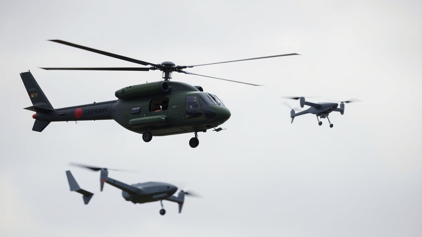 German military helicopter targets a drone in the sky.