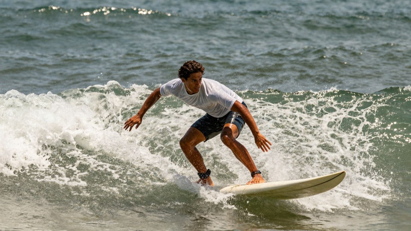Surfer auf einer Welle, der eine Kurve fährt.