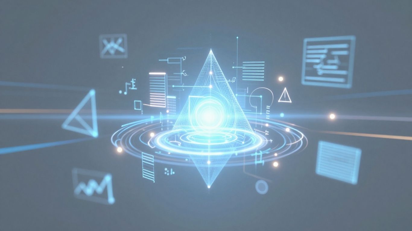 Futuristic AI interface with glowing geometric shapes.