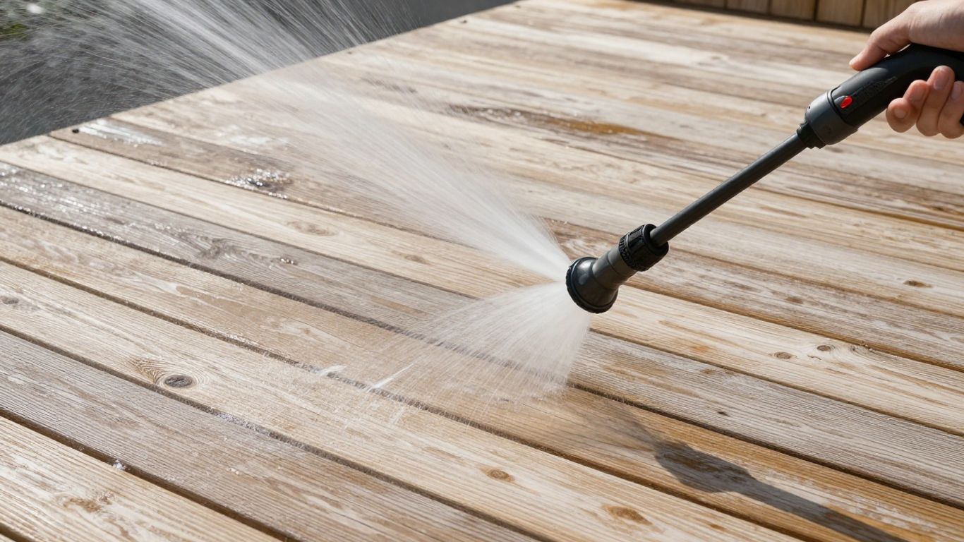 Pressure washing a wooden deck to clean it.