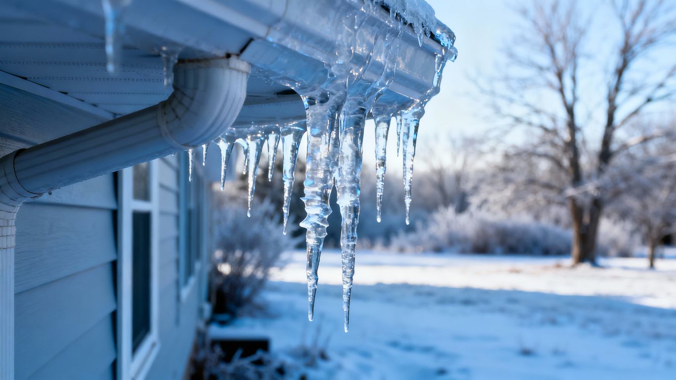 Frozen pipe with icicles in winter weather.
