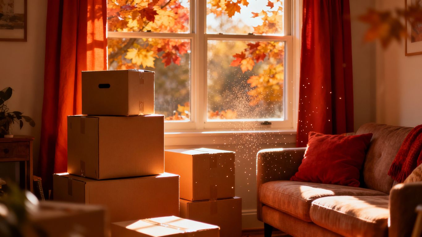 Moving boxes and autumn leaves in a sunlit room.