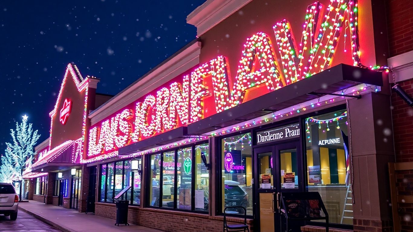 Dazzling commercial Christmas lights illuminate a Dardenne Prairie building.