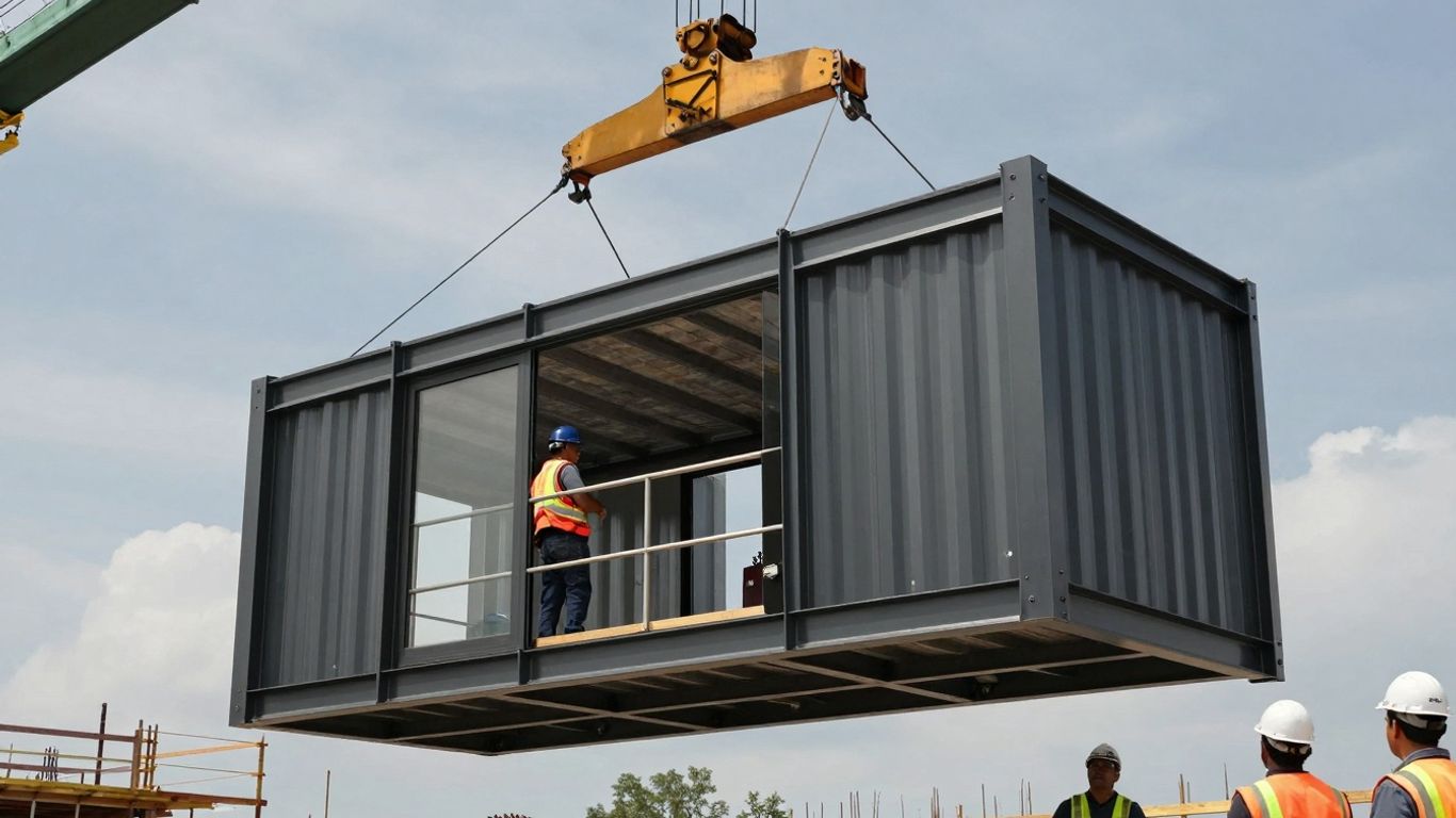 Modular building construction with crane and workers.