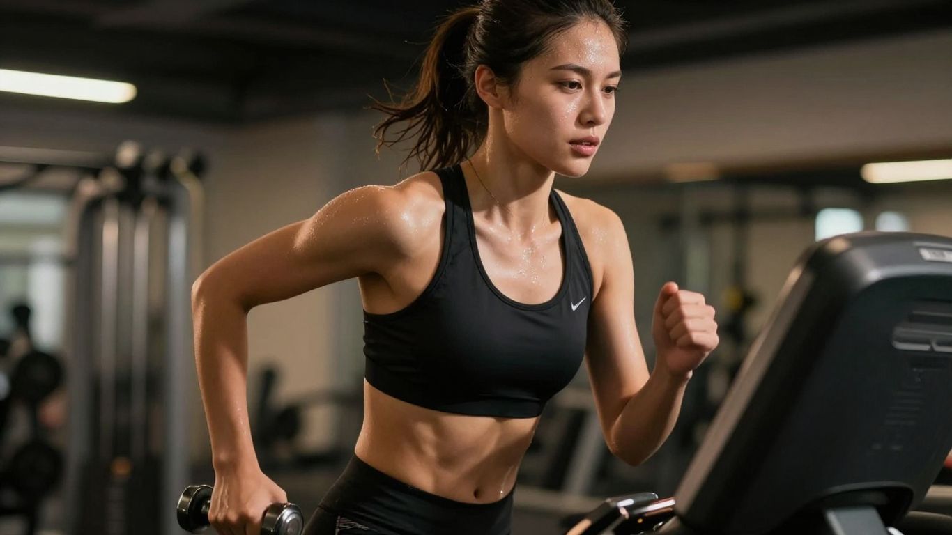 Person running on treadmill in a gym.