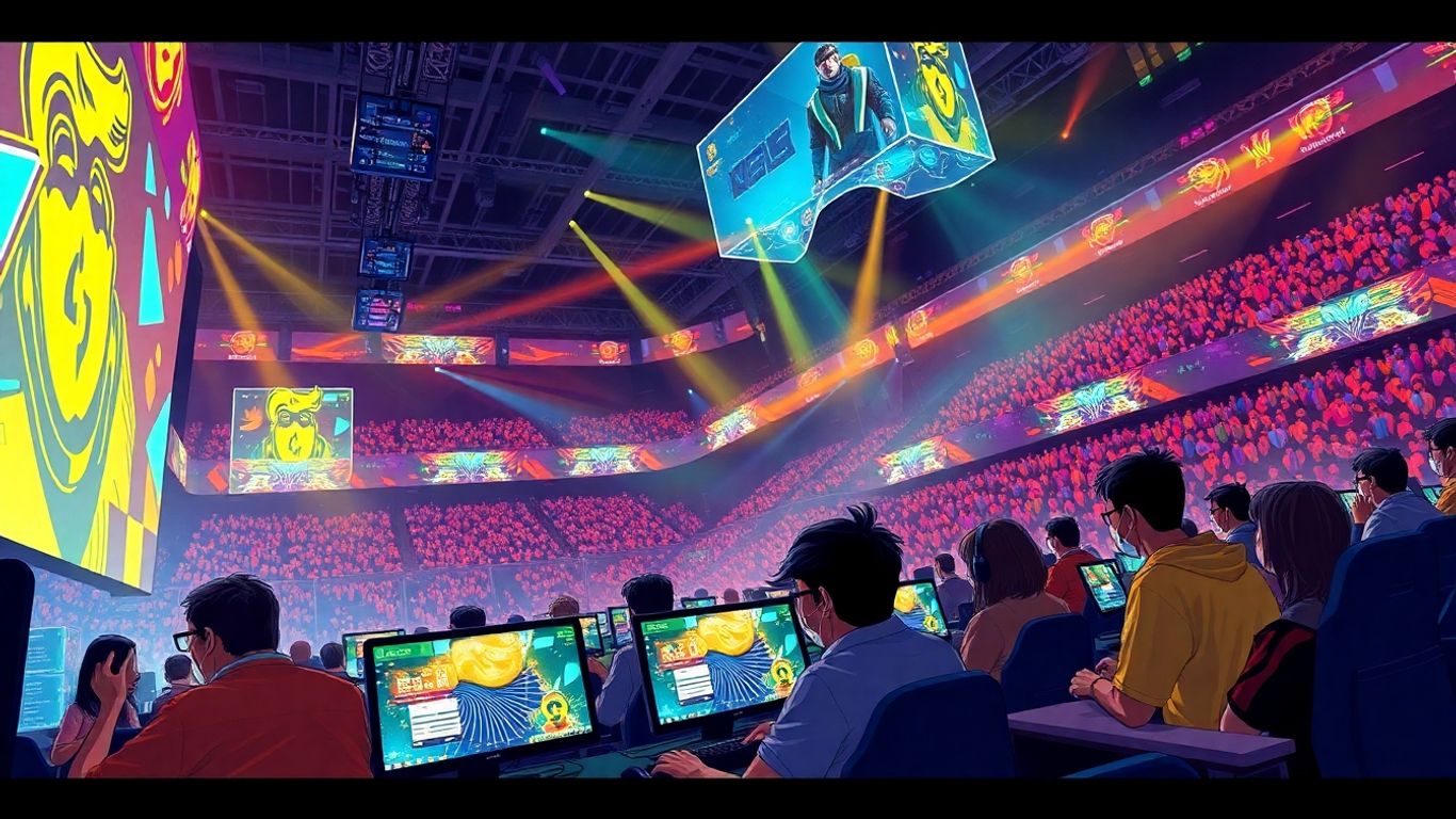 Esports arena with gamers and futuristic digital interfaces.
