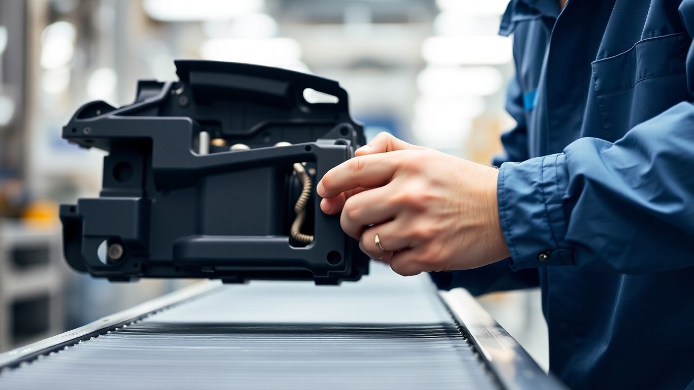 Mitarbeiter in der Automobilproduktion montiert Autoteile.