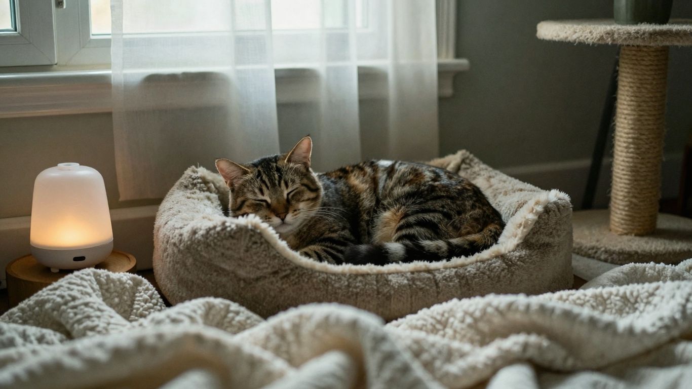 Calm cat resting in a peaceful, cozy home sanctuary.