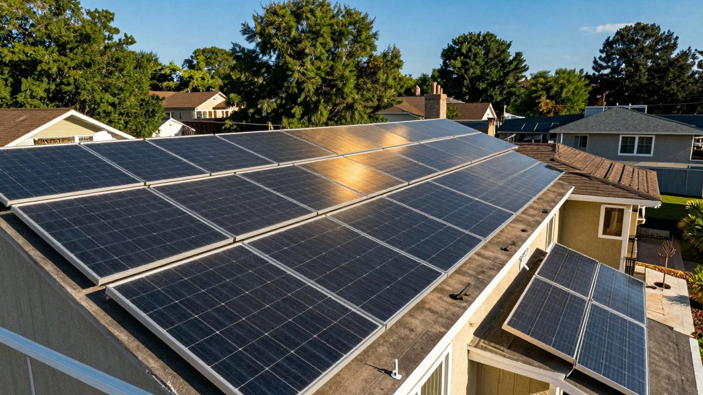 Solar Panels On A Sunny Residential Rooftop.