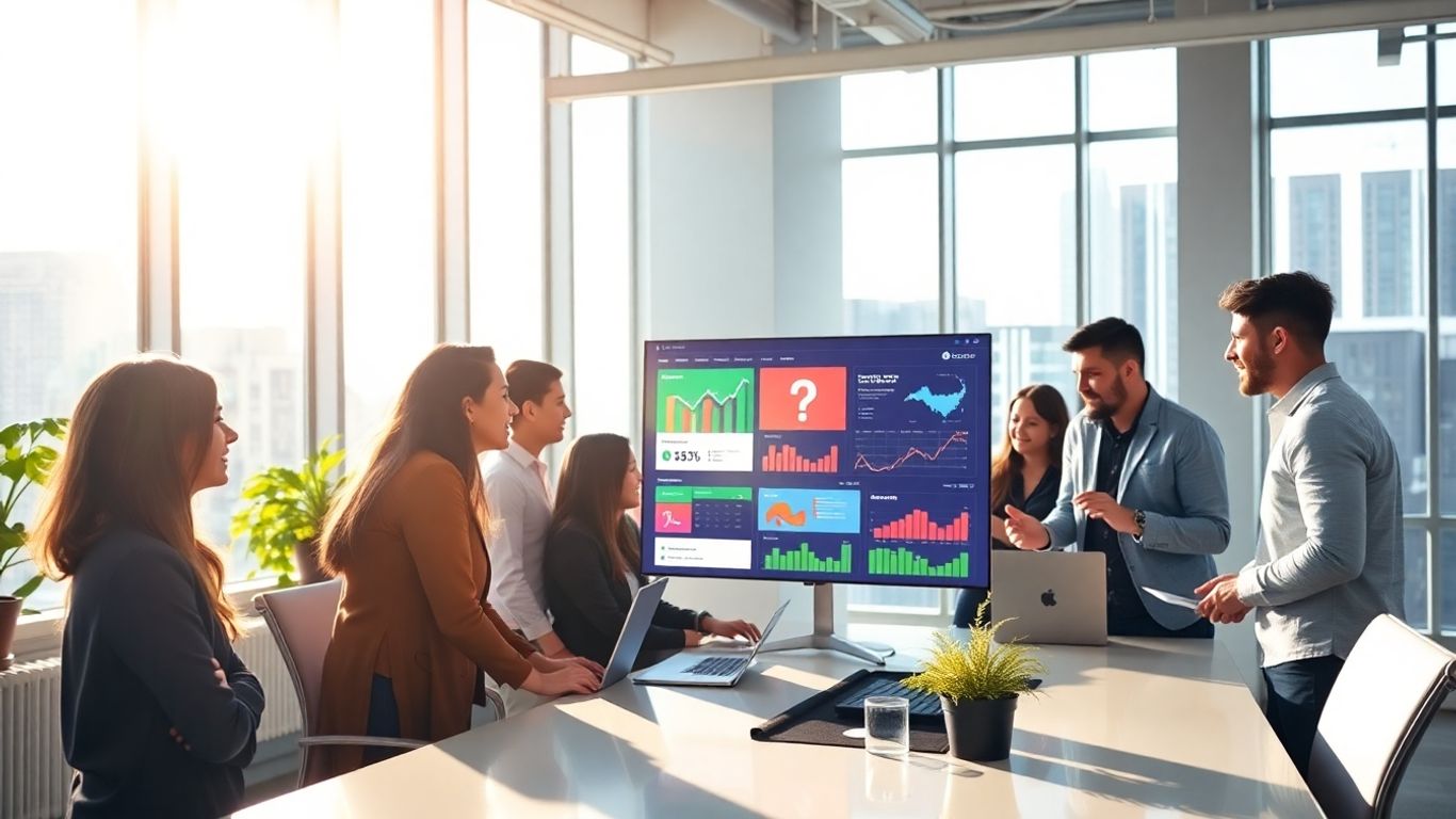 Professionisti del marketing digitale che collaborano in un ufficio moderno con interfaccia CRM.