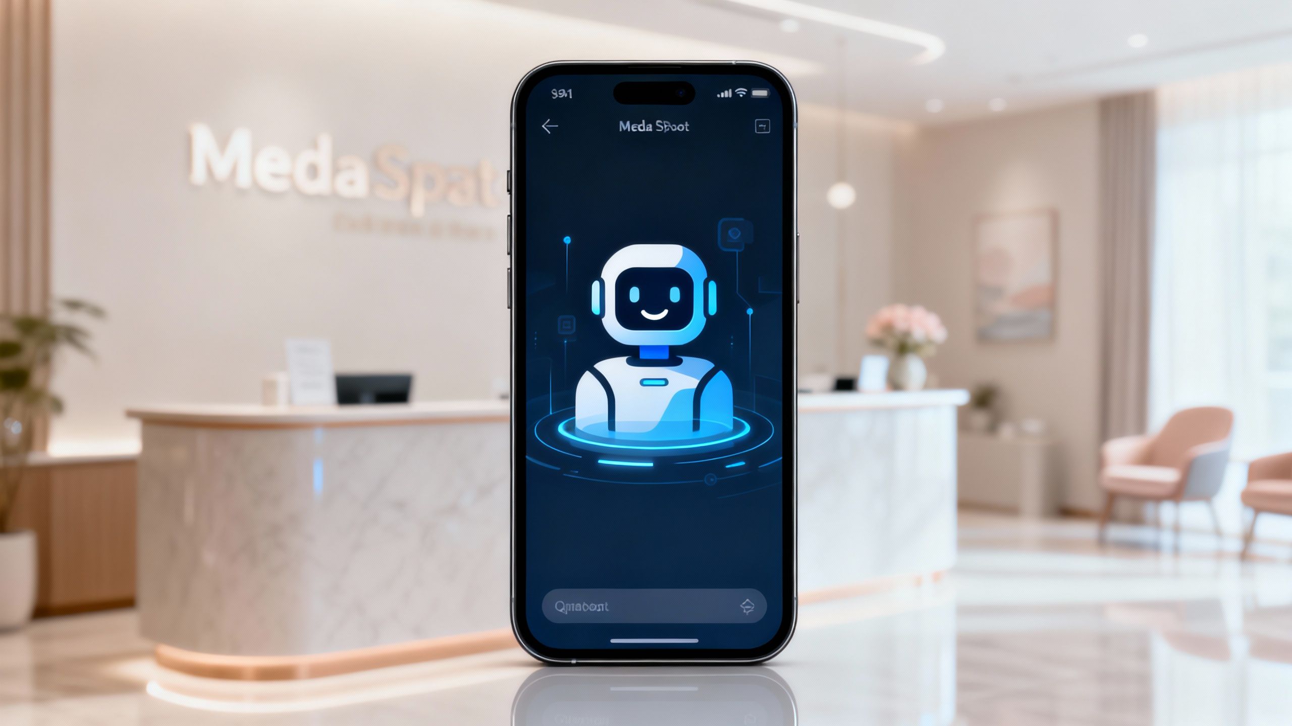 Chatbot interface on a smartphone screen in a medspa setting.