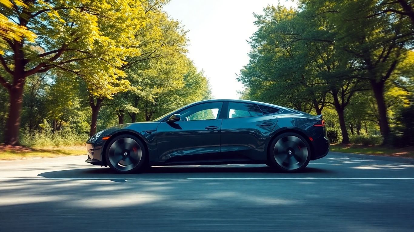 Mașină electrică pe o șosea verde, sub cer senin.