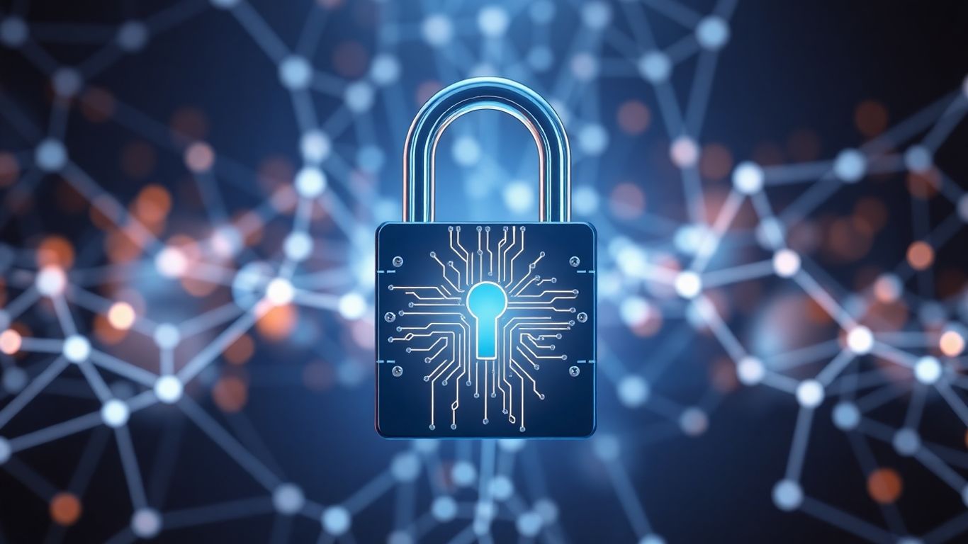 Secure digital padlock with glowing circuits on network background.
