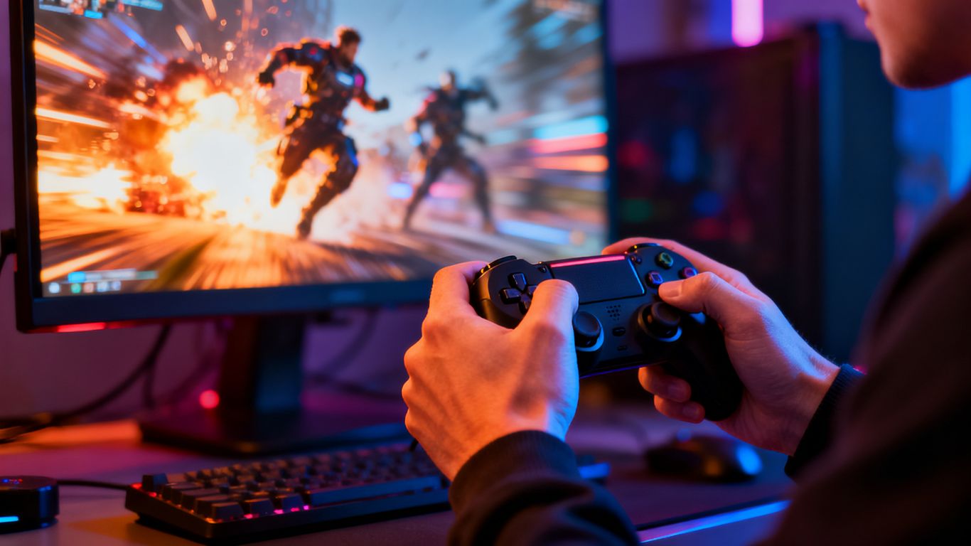 Gamer's hands on controller, intense online gaming action.