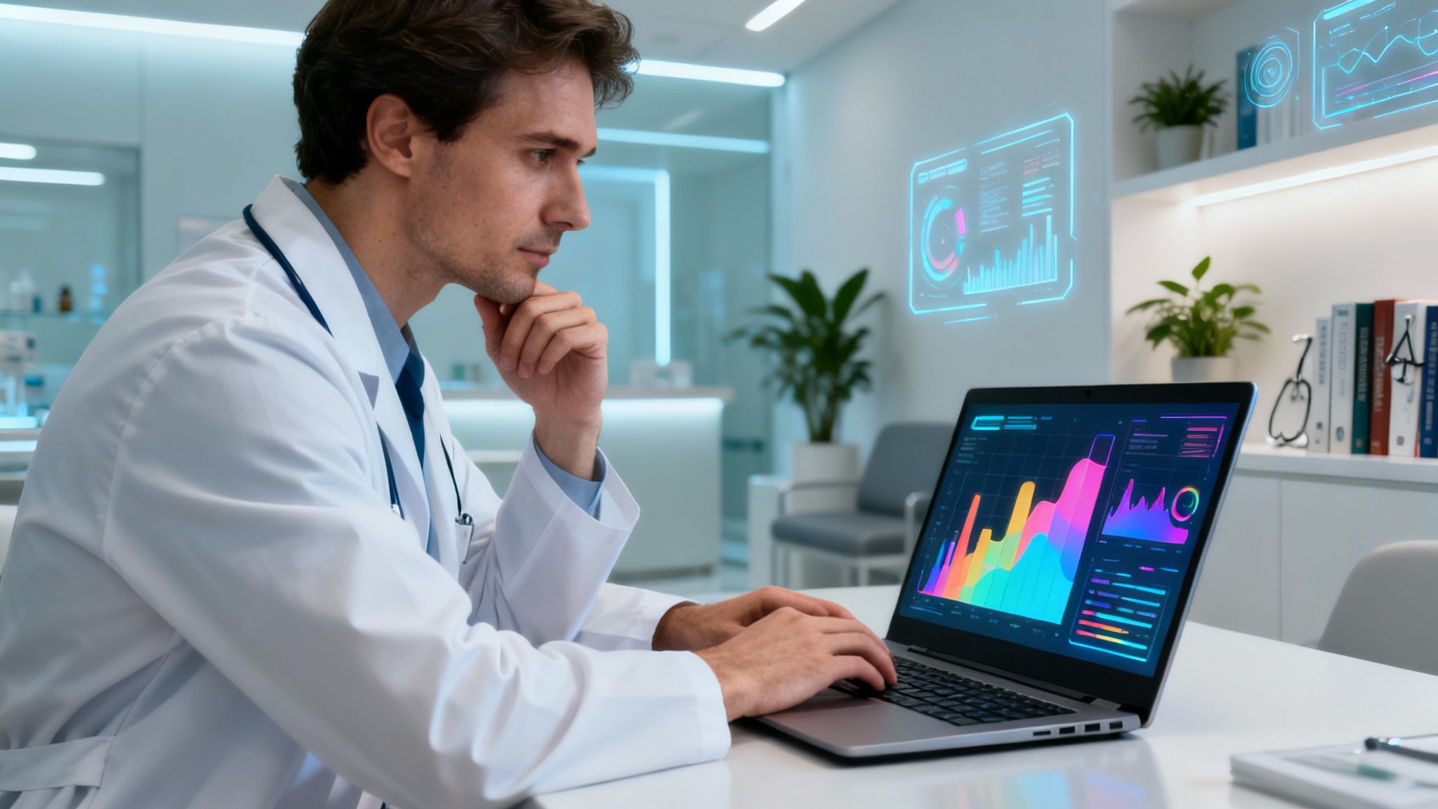 Aesthetics clinic owner brainstorming with a laptop.