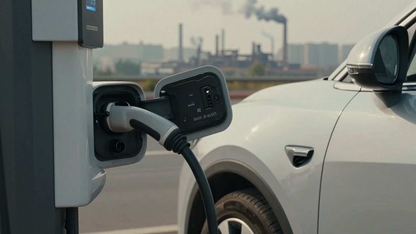 Electric car charging with coal power plant in background.