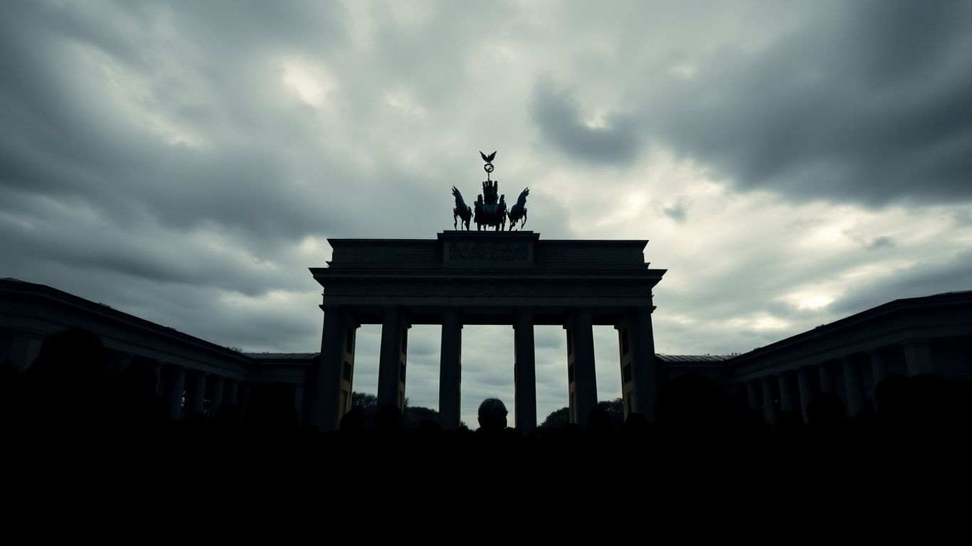 Brandenburg Gate with silhouetted figures under a cloudy sky.