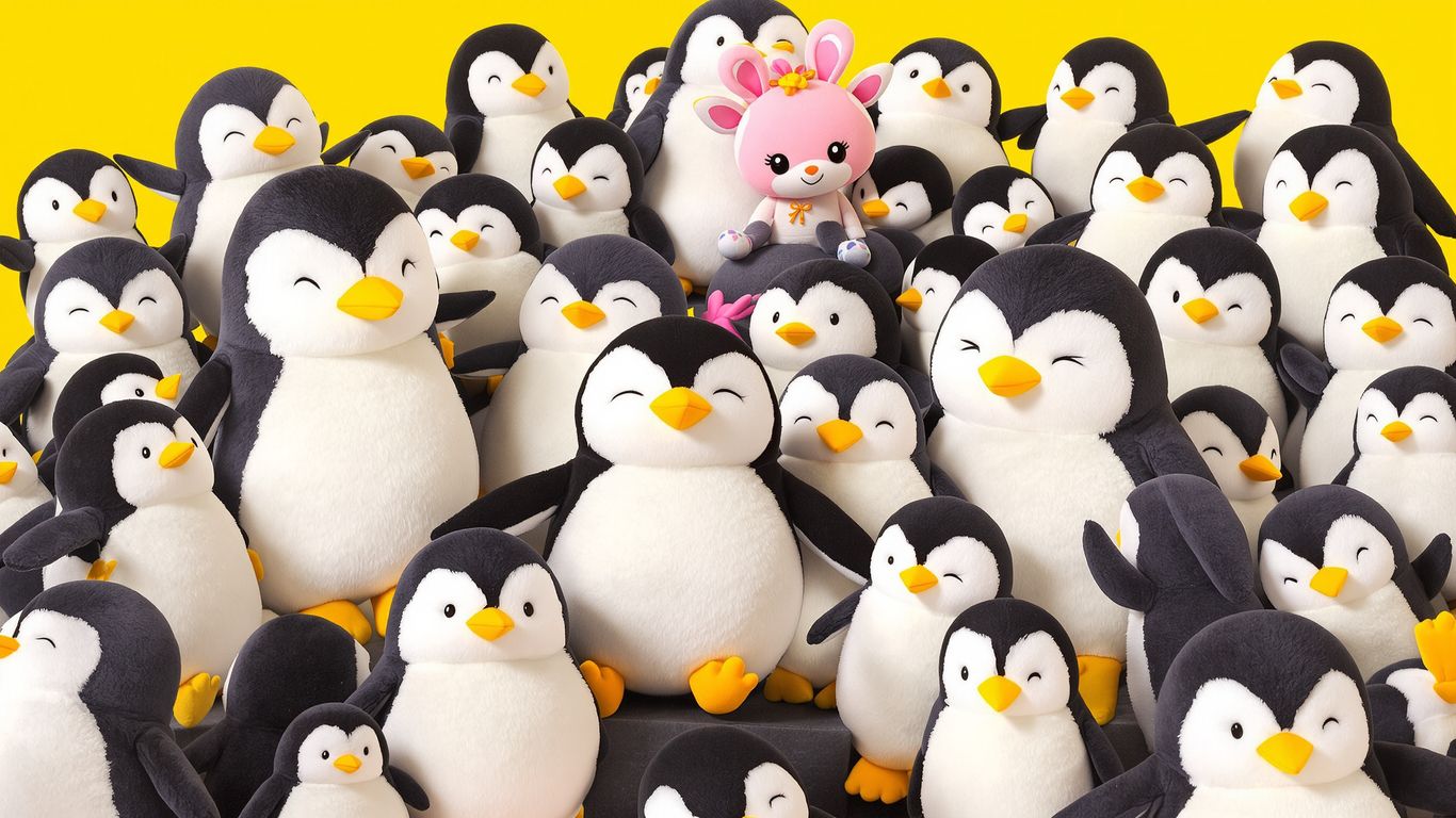 Cute penguin characters, both plush toys and digital art.