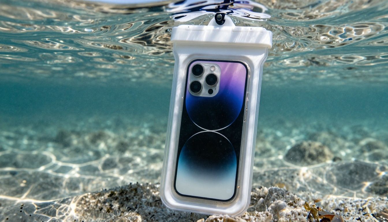 A waterproof phone case partially submerged in clear saltwater with a generic smartphone inside