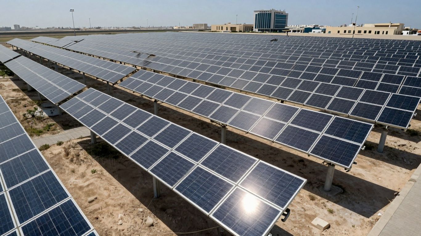 Panneaux solaires à Dubaï sous un ciel bleu.