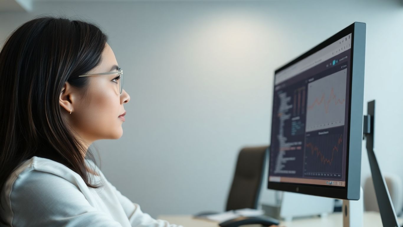 Persona interactuando con una computadora en una oficina.
