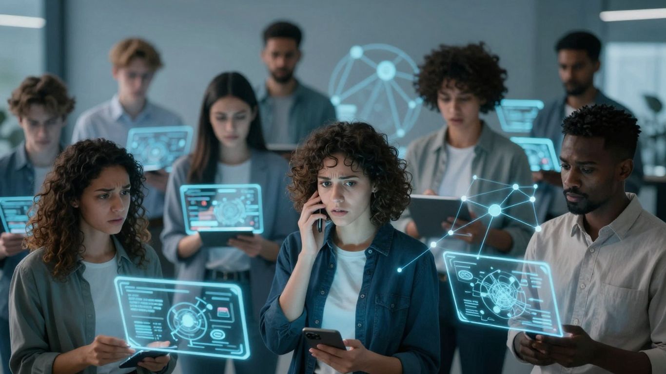 Oameni interacționând cu interfețe digitale, unii îngrijorați.