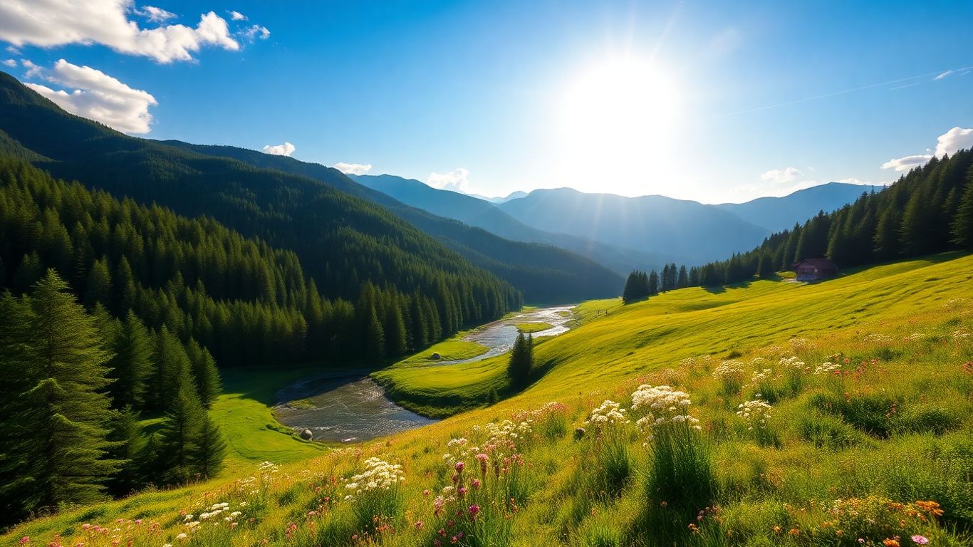 Peisaj montan românesc cu păduri verzi și râu