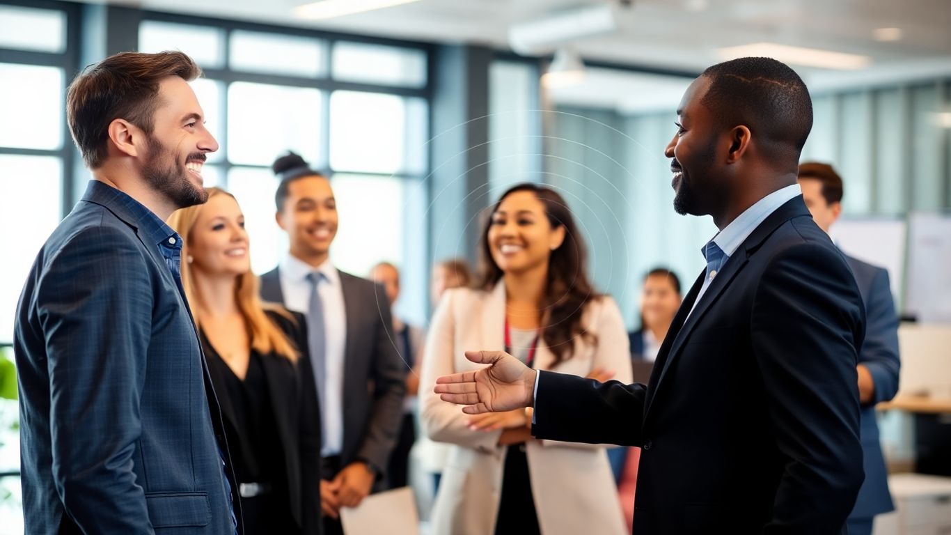 Colleagues appreciating each other in a modern office.