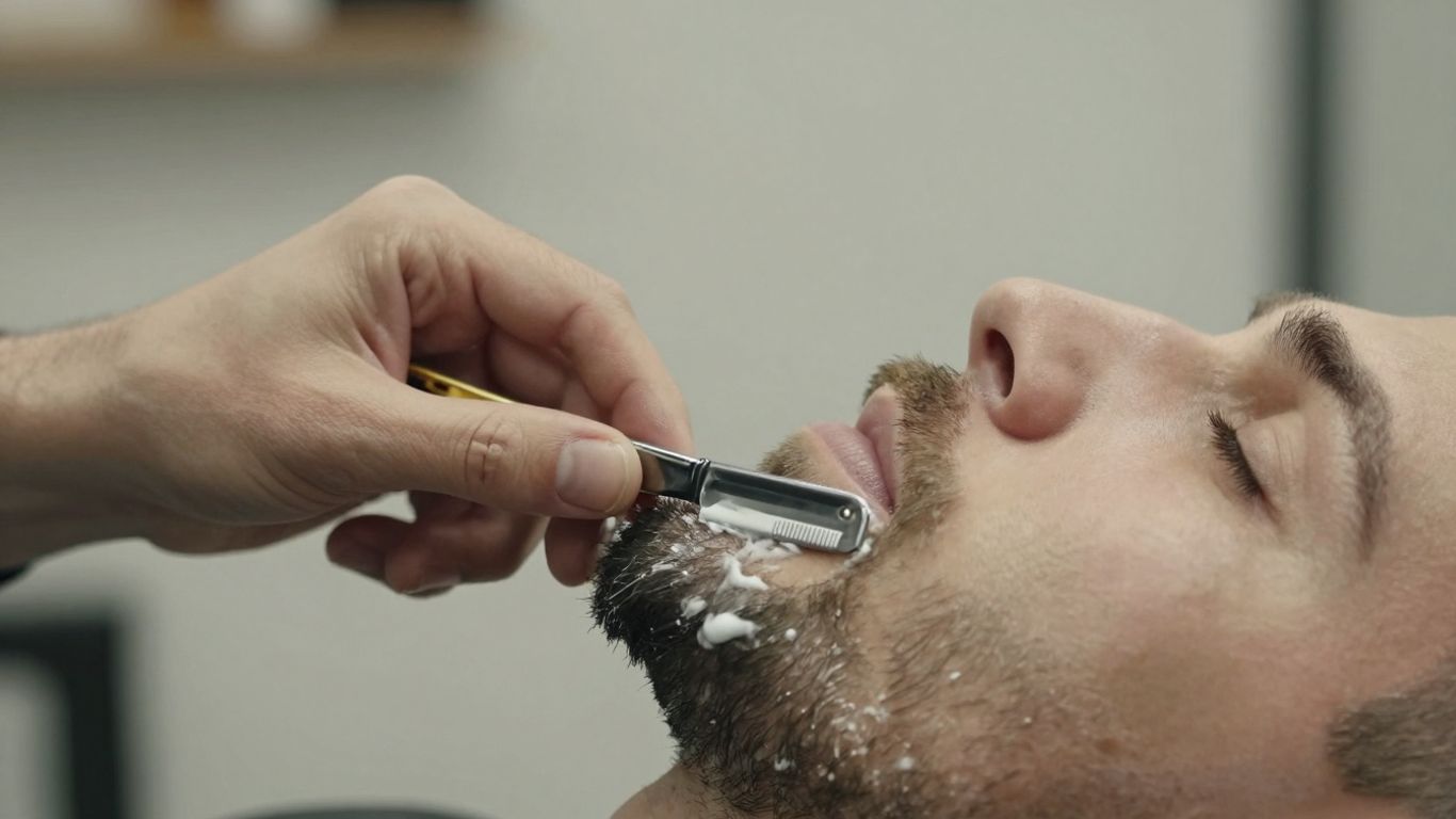 Barber's hands shaving a beard with a straight razor.