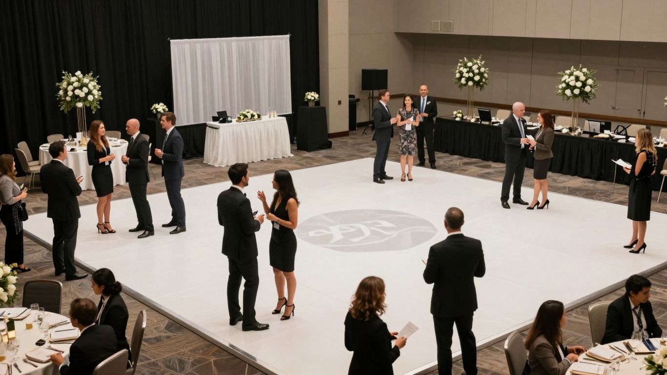 Elegant corporate event venue in DFW with mingling guests.