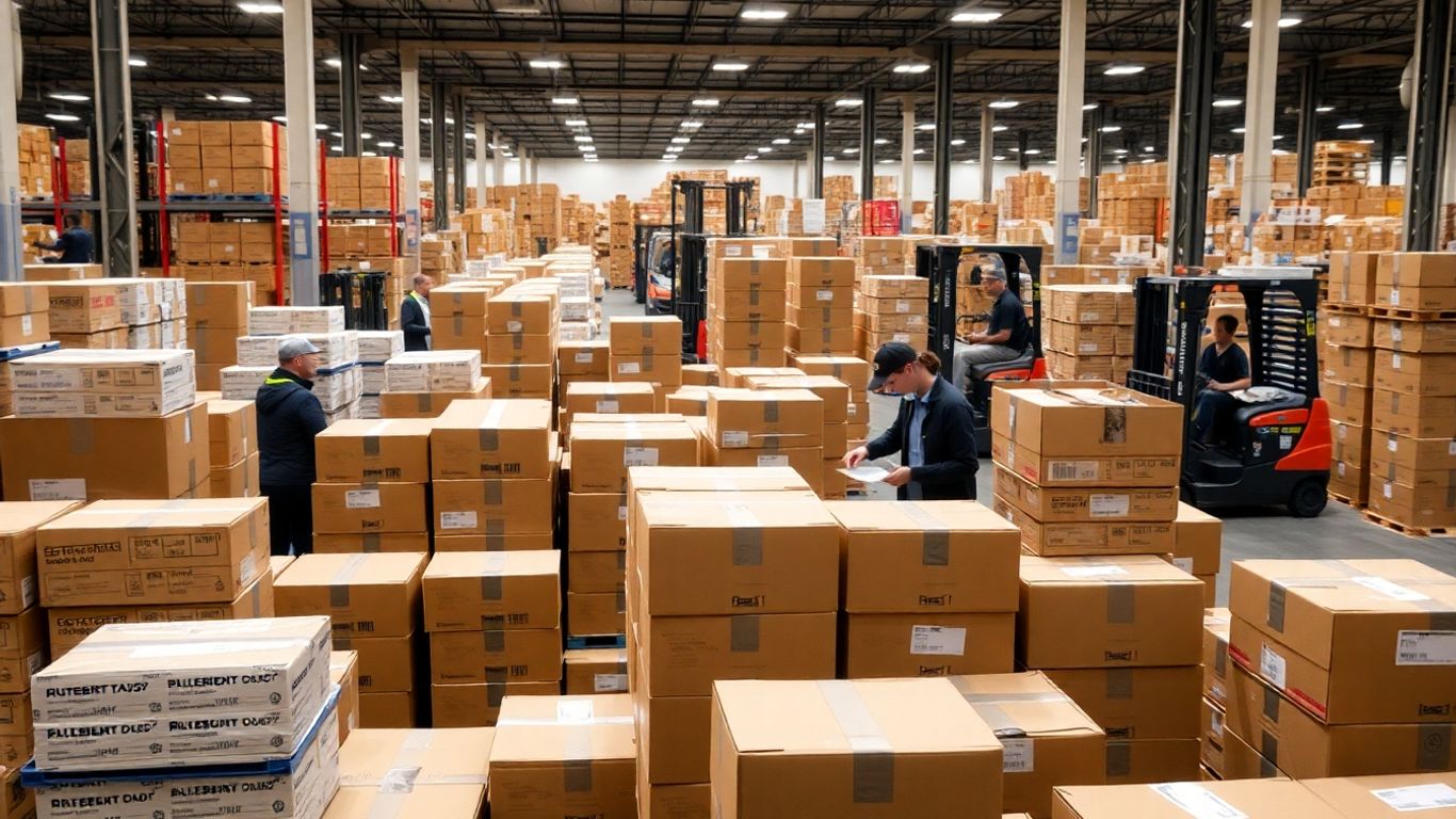 Dropshipping fulfillment center with packages and workers.