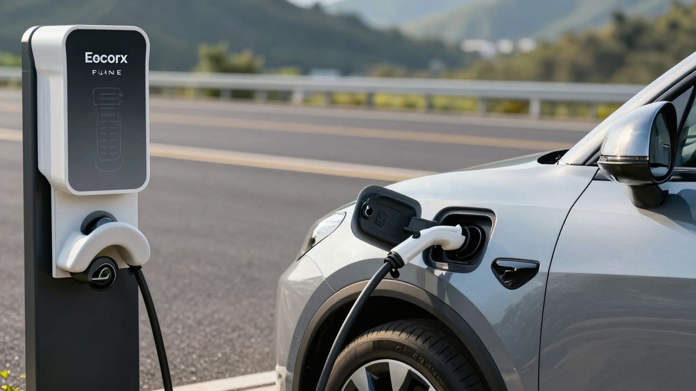 Voiture électrique en charge sur une borne, route en arrière-plan.