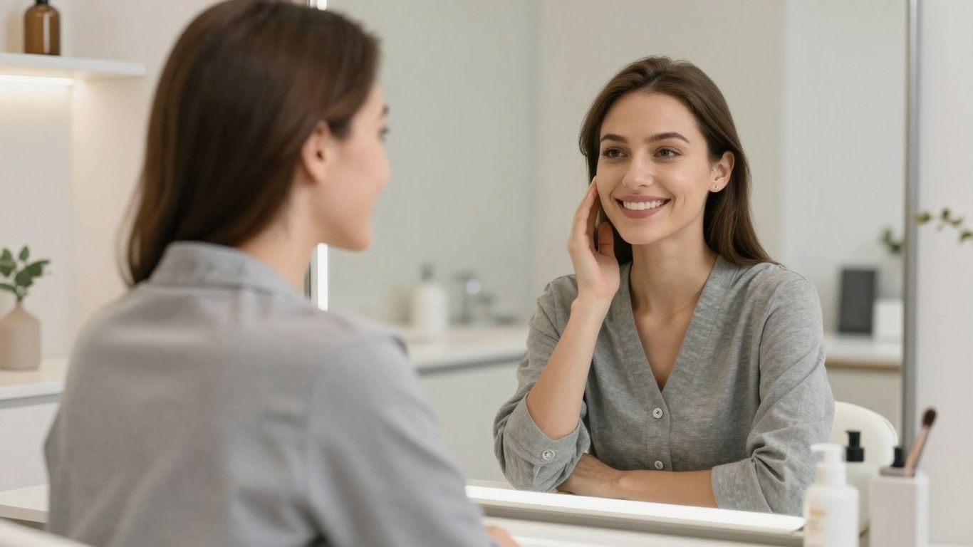 Aesthetic clinic patient admiring results in a mirror.