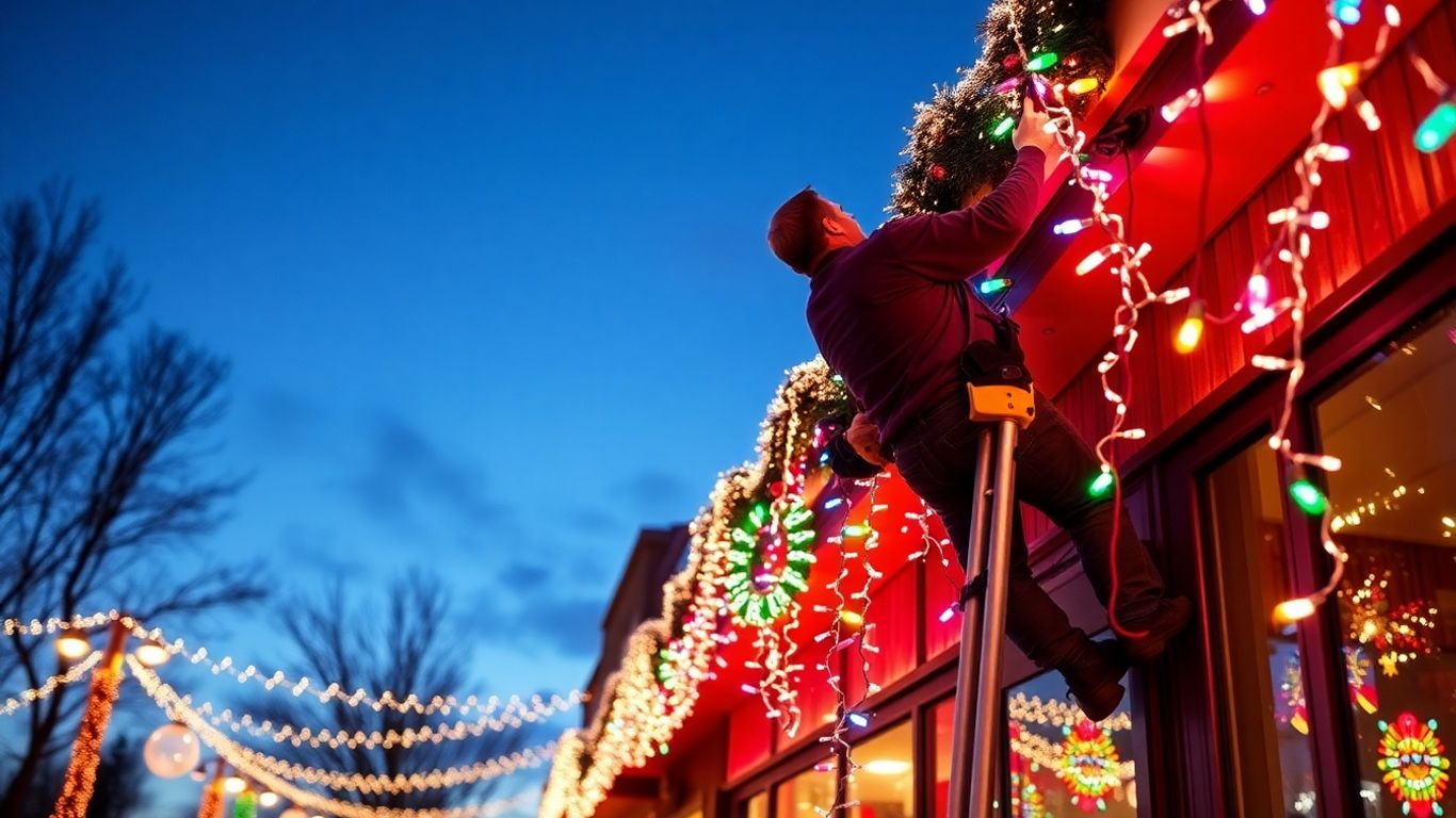 Commercial building adorned with festive Christmas lights.